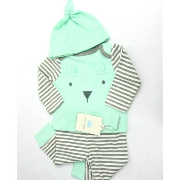 Cloud Island 3-PC Baby Outfit Sz 0-3M Mint Green Gray Shirt Pants Hat neutral - Picture 5 of 7